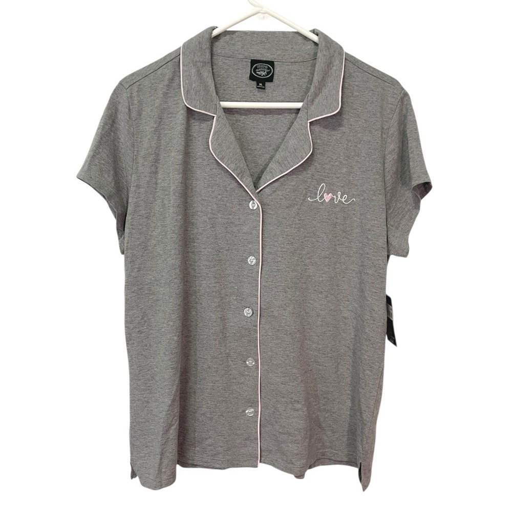 NEW Laura Ashley XL Gray Pajama Top Short Sleeve Button Down Love Heart Coquette